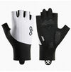 Black and white cycling gloves with brand logos on a white background