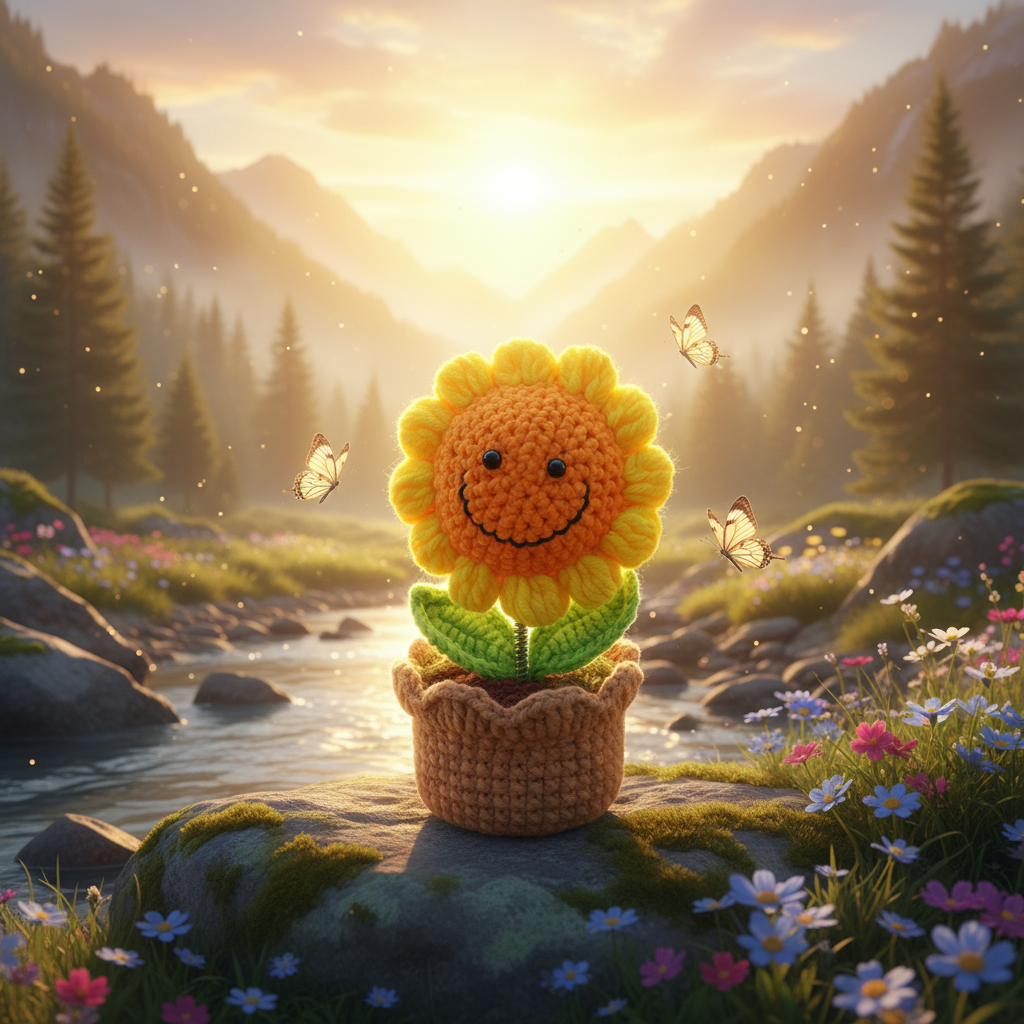 Crocheted sunflower with a smiling face in a pot, surrounded by a scenic mountain landscape with a river and butterflies.