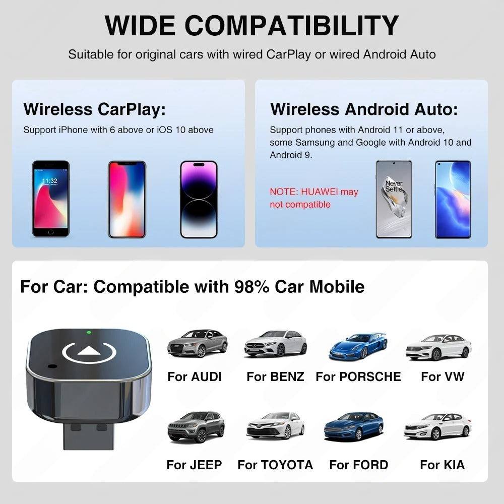 Wireless CarPlay & Android Auto Adapter – Smart USB Dongle Mini Box, Plug & Play, Universal for VW, Toyota, Nissan, Honda, Ford, Benz & More