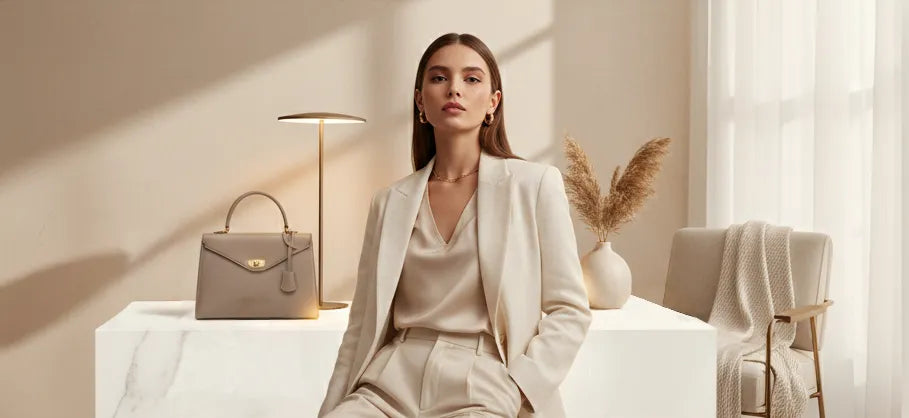 Woman in a stylish outfit with a handbag in a minimalistic room.