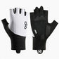 Black and white cycling gloves with brand logos on a white background