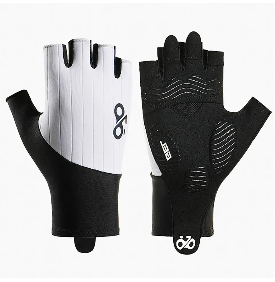 Black and white cycling gloves with brand logos on a white background