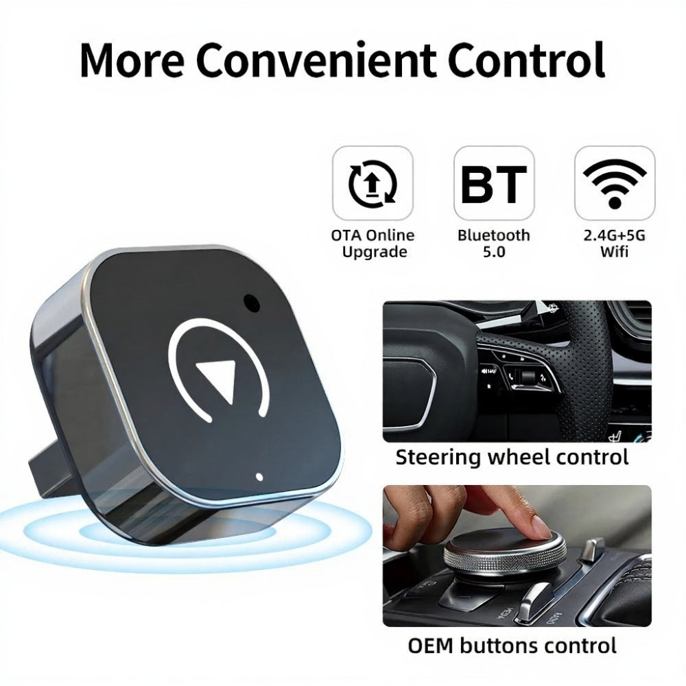 Car control unit with Bluetooth, Wi-Fi, and steering wheel control features.