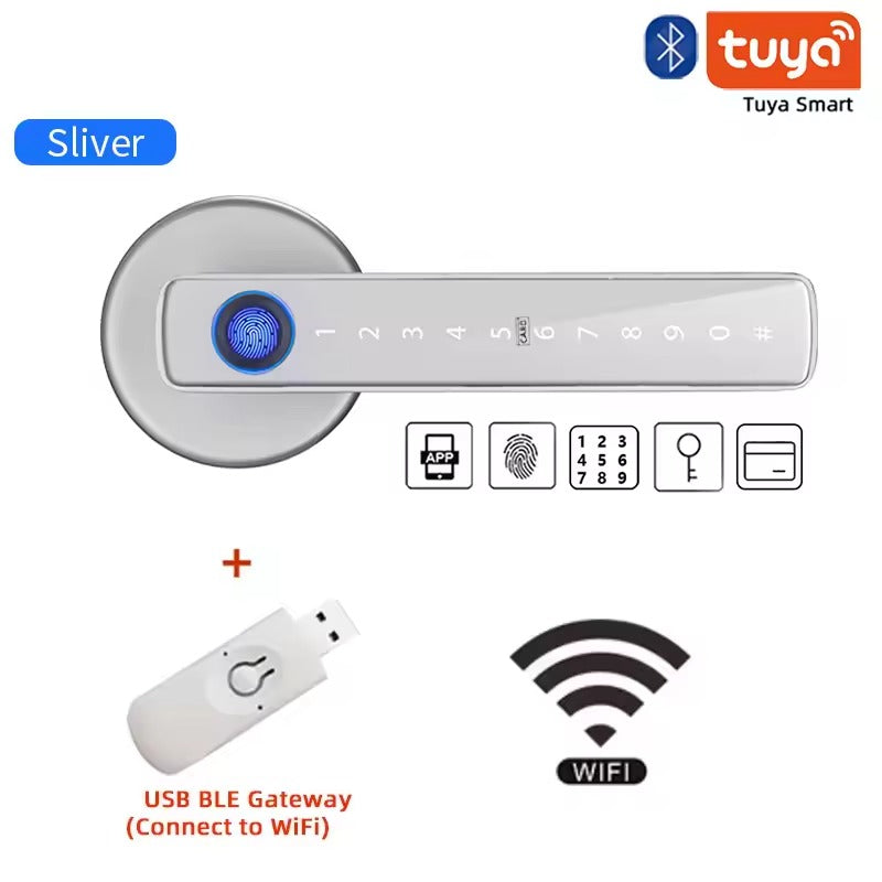 Smart door lock with USB BLE Gateway and Tuya Smart branding on a white background