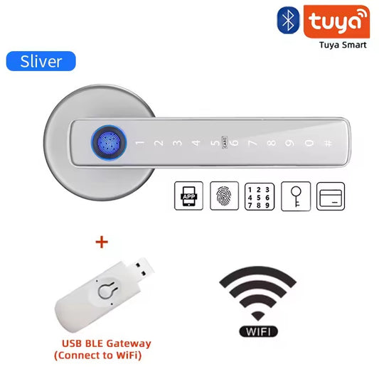 Smart door lock with USB BLE Gateway and Tuya Smart branding on a white background