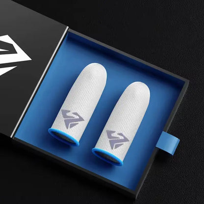 White finger sleeves with blue edges in a black and blue box on a black background