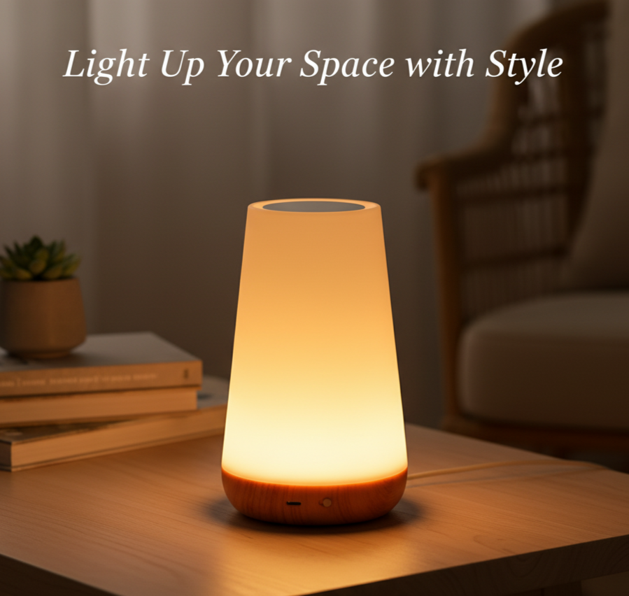 Futuristic lamp on a table with 'Light Up Your Space with Style' text and 'Shop Now' button.