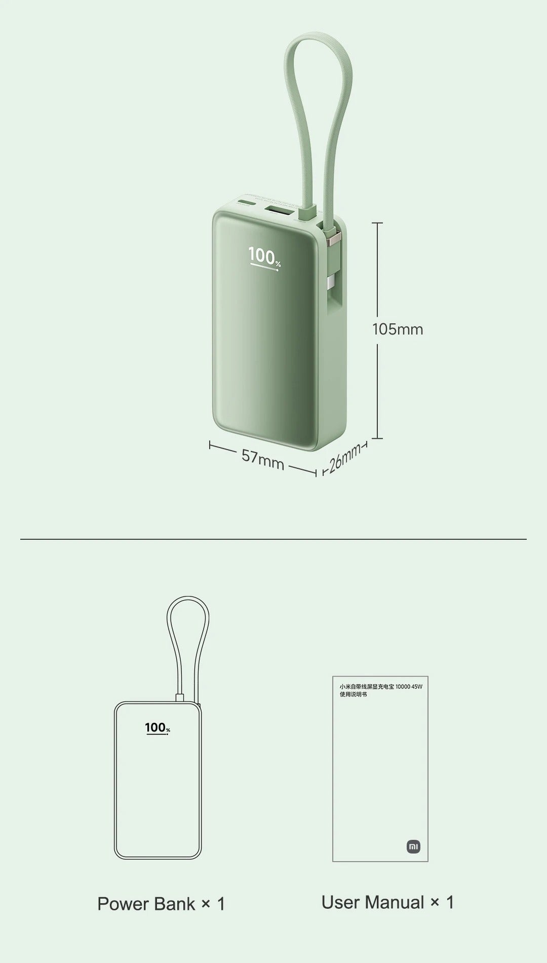 10000mAh 45W Power Bank – Built-in USB-C Cable, Two-Way Fast Charging & LCD Display