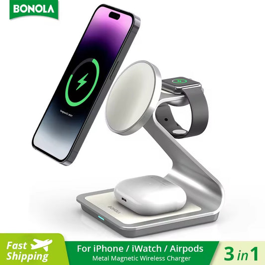 BONOLA Magnetic 3-in-1 Wireless Charging Station – 30W Fast Charger for iPhone 16/15/14/13/12 Series, Apple Watch & AirPods Pro