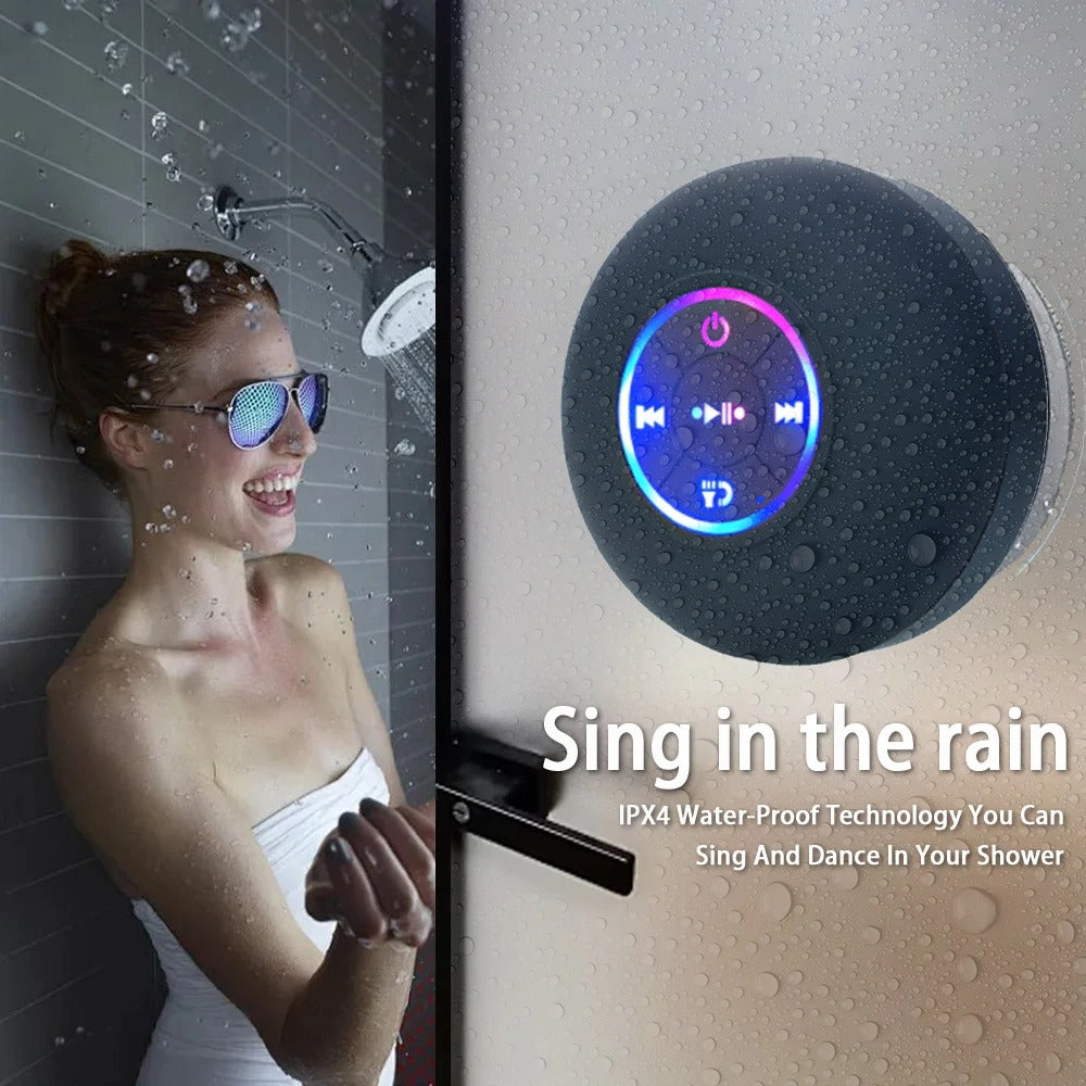 Portable Bluetooth Speaker with LED Lights – IPX4 Waterproof, Mini Stereo Sound, Suction Cup for Outdoor & Bathroom Use