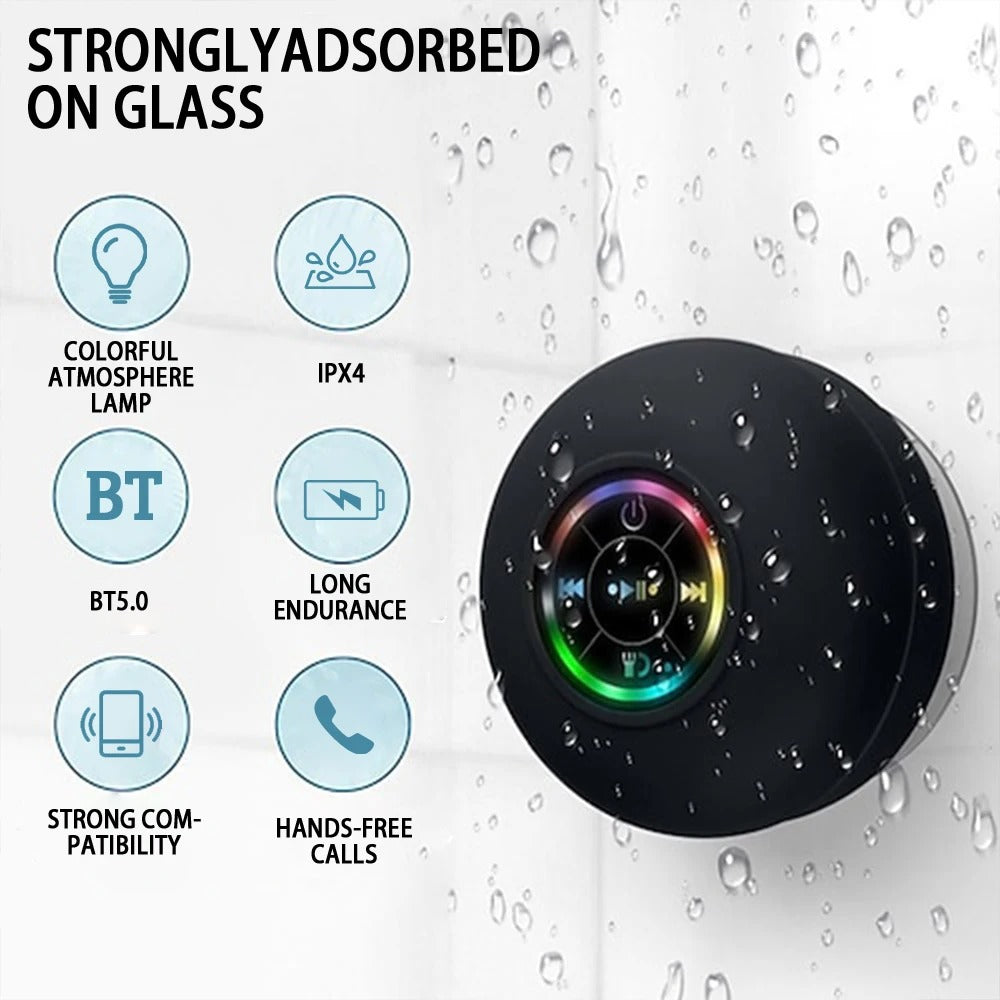 Portable Bluetooth Speaker with LED Lights – IPX4 Waterproof, Mini Stereo Sound, Suction Cup for Outdoor & Bathroom Use