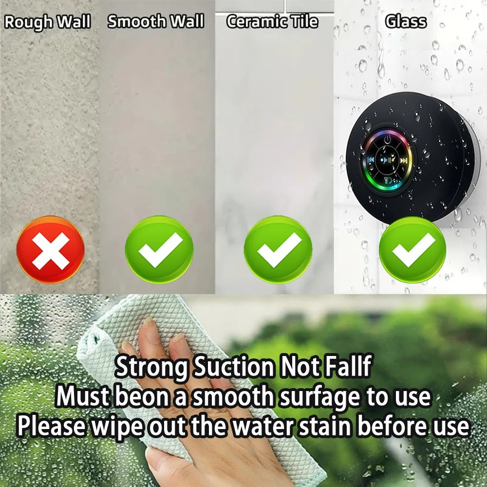 Portable Bluetooth Speaker with LED Lights – IPX4 Waterproof, Mini Stereo Sound, Suction Cup for Outdoor & Bathroom Use
