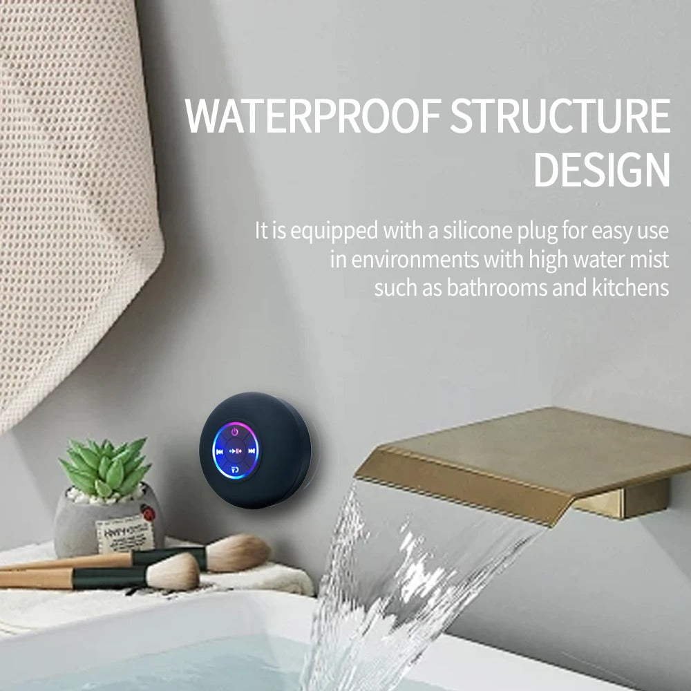 Portable Bluetooth Speaker with LED Lights – IPX4 Waterproof, Mini Stereo Sound, Suction Cup for Outdoor & Bathroom Use