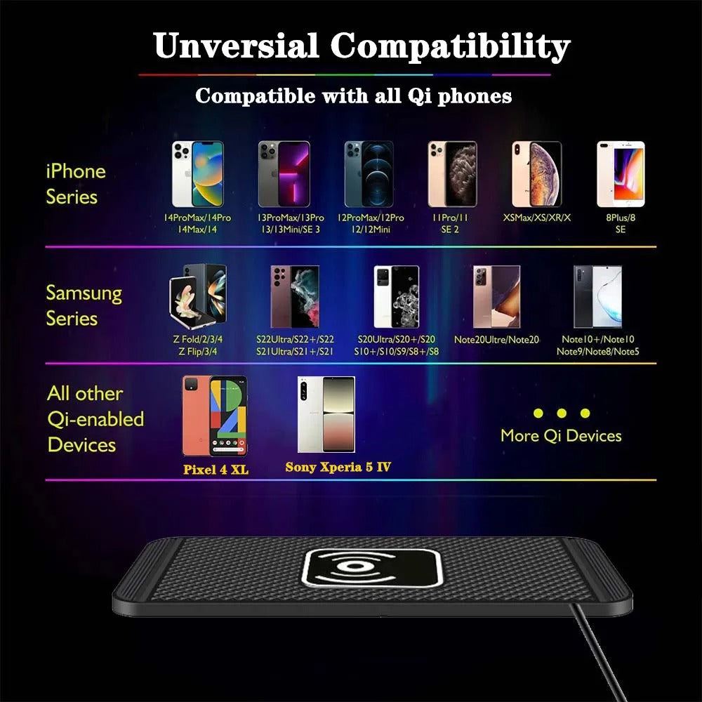 Car Wireless Fast Charger – Silicone Pad Stand for iPhone 16/15/15 Pro Max/14/13/12/X & Samsung Galaxy S24/S23 Series