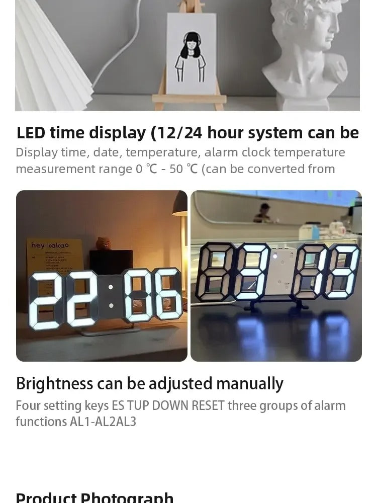 3D LED Digital Wall Clock – USB Powered, Multi-Function Display for Home & Office Decor