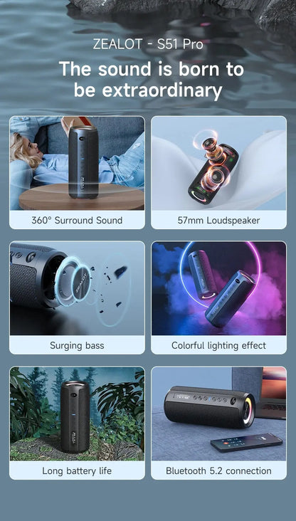 ZEALOT S51 Pro – 40W High-Power Bluetooth Speaker | 3D Stereo Bass, Portable, IPX5 Waterproof, TWS Pairing Boom Box 🎶🔊 My Store