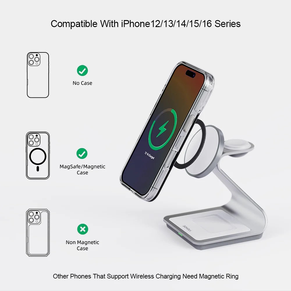 BONOLA Magnetic 3-in-1 Wireless Charging Station – 30W Fast Charger for iPhone 16/15/14/13/12 Series, Apple Watch & AirPods Pro
