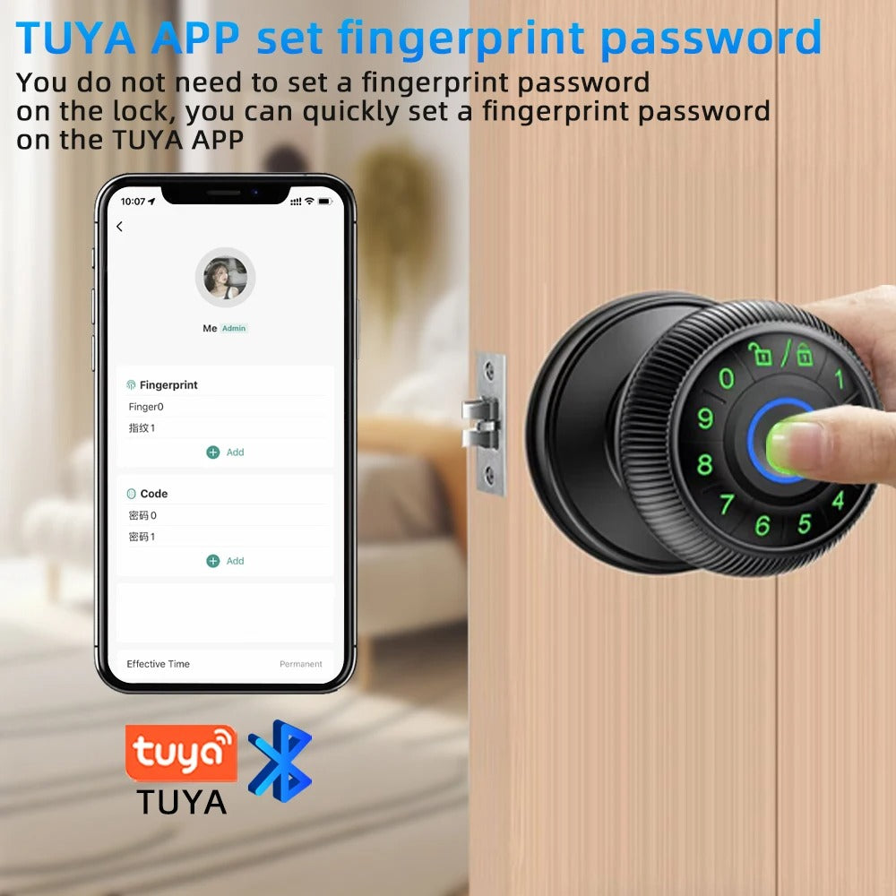 RAYKUBE Q6 Tuya BLE Smart Fingerprint Door Lock – Round Knob | Multiple Unlock Methods (Fingerprint / Password / Key / Tuya App) | US Free Delivery