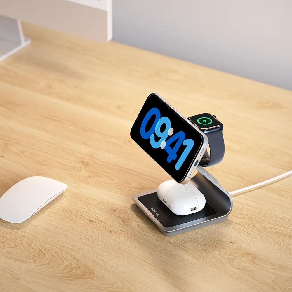 BONOLA Magnetic 3-in-1 Wireless Charging Station – 30W Fast Charger for iPhone 16/15/14/13/12 Series, Apple Watch & AirPods Pro