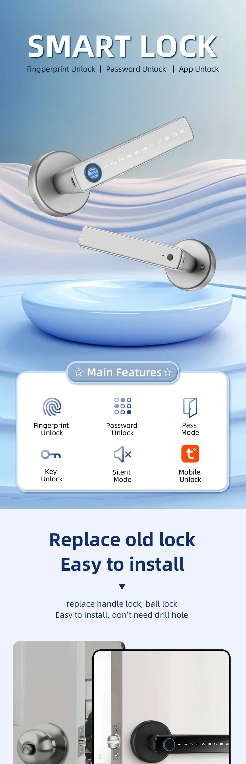 XSDTS M5 Tuya BLE Fingerprint Door Lock – Digital Smart Lock with Password, Key, IC Card, and Tuya/Smart Life App Unlock