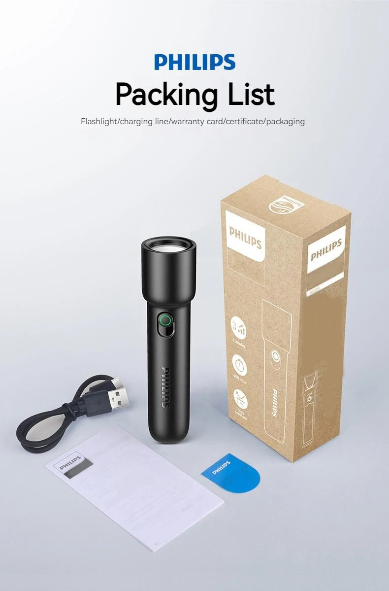 Philips 2024 Portable Rechargeable LED Flashlight – EDC Tactical Torch for Self Defense, Camping & Hiking
