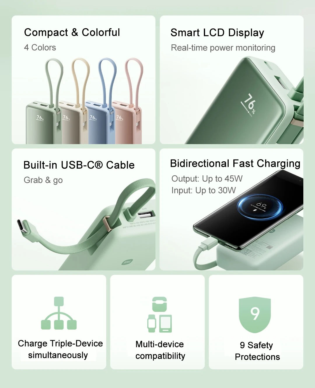 10000mAh 45W Power Bank – Built-in USB-C Cable, Two-Way Fast Charging & LCD Display