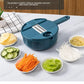 Multifunctional round vegetable cutter on a table with sliced vegetables