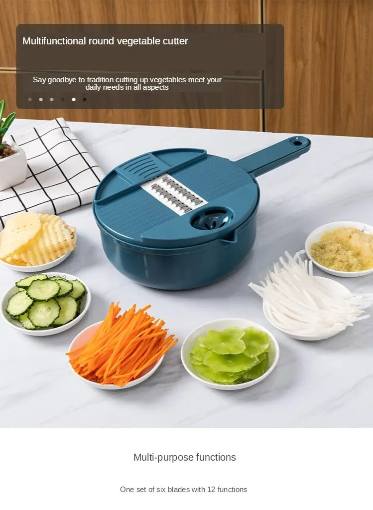 Multifunctional round vegetable cutter on a table with sliced vegetables