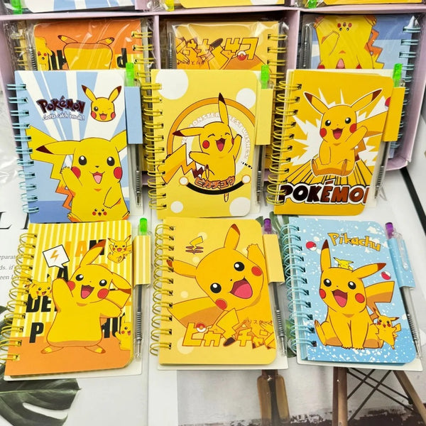 Collection of notebooks with Pikachu designs on a shelf.