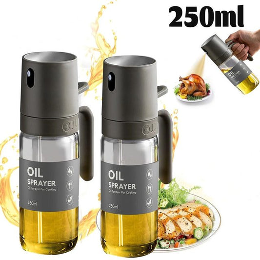 Two oil sprayers with a hand holding one, surrounded by cooking scenarios.