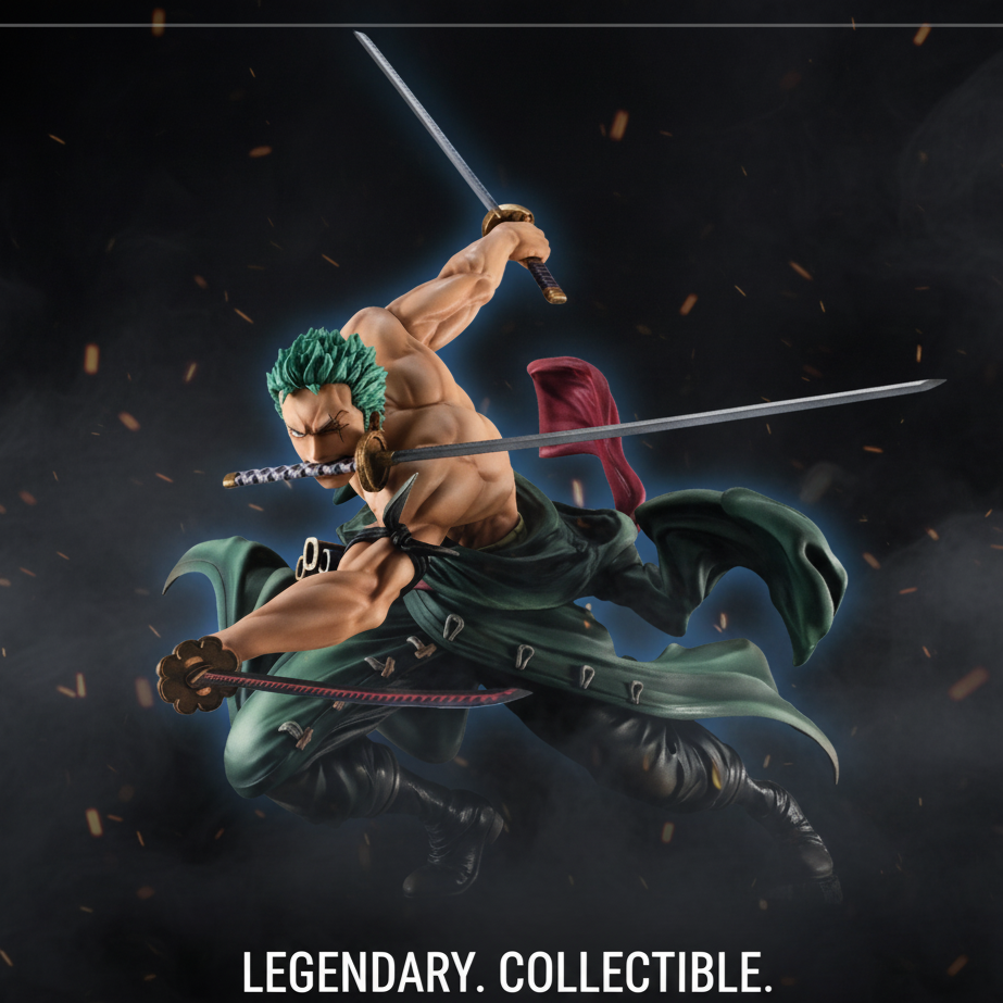 Action figure with green hair and sword on a dark background with 'Legendary. Collectible.' text.