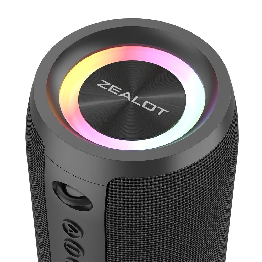 Black Zealot speaker with colorful LED ring on a white background