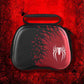 Black and red carrying case with spider design on a red background