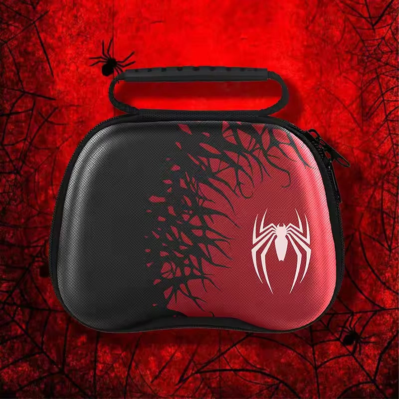 Black and red carrying case with spider design on a red background