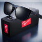 Black sunglasses with a red logo on a black box against a gray background