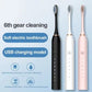 Three electric toothbrushes in black, white, and pink on a light blue background with text about features.