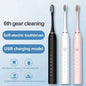 Three electric toothbrushes in black, white, and pink on a light blue background with text about features.