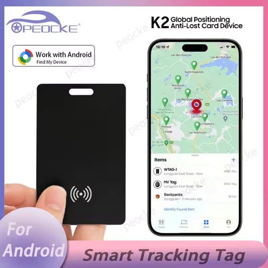 Smart tracking tag and smartphone app showing location on a white background