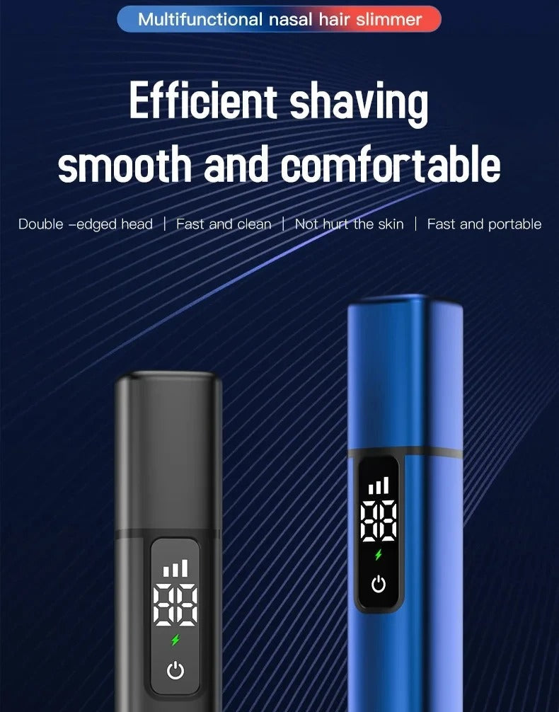 Multifunctional nasal hair trimmer with digital display on a blue background