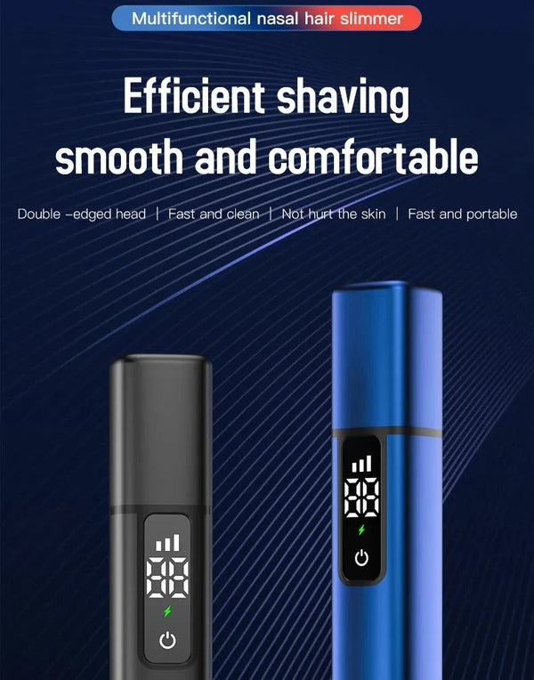 Multifunctional nasal hair trimmer with digital display on a blue background