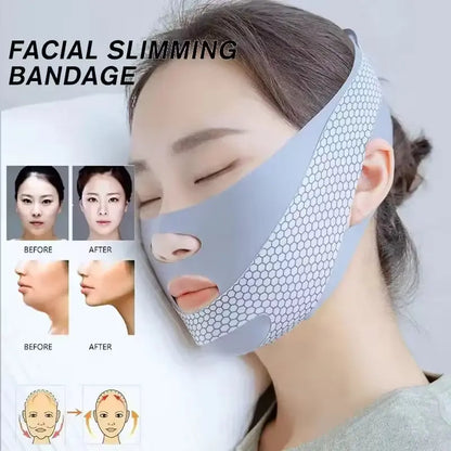Woman wearing a facial slimming bandage with before and after effects on a white background