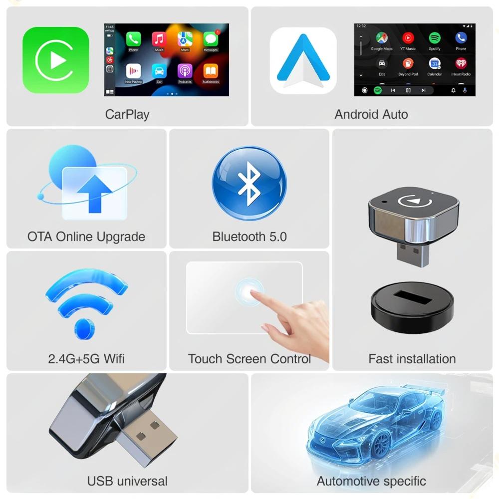 Wireless CarPlay & Android Auto Adapter – Smart USB Dongle Mini Box, Plug & Play, Universal for VW, Toyota, Nissan, Honda, Ford, Benz & More